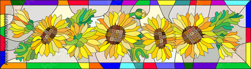Colorful illustration in stained glass style with flowers, leaves and buds of the sunflower