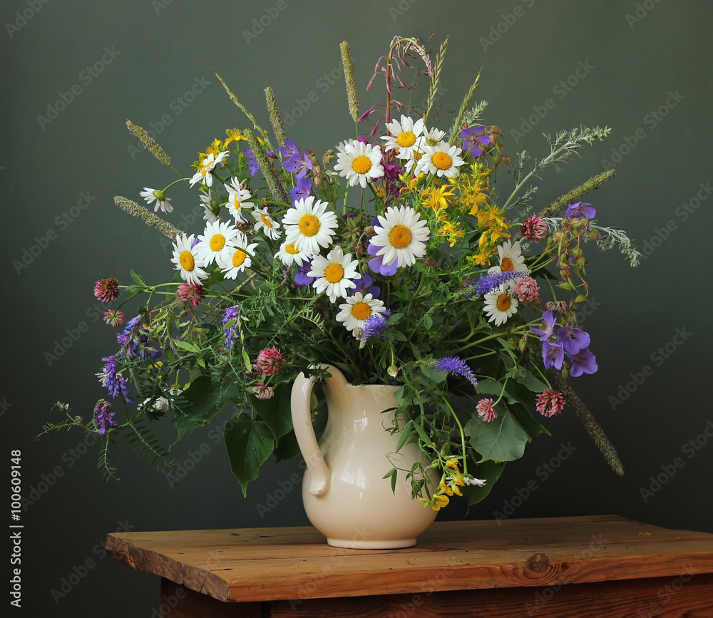 custom made wallpaper toronto digitalStill life with a bouquet of wild flowers in a white jug.