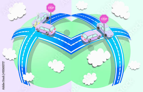 Illustration of cars crashes. the image is divided into two part. left part with respect stop sign and right part without respect. the illustration sensitize of the importance of the Traffic lights.