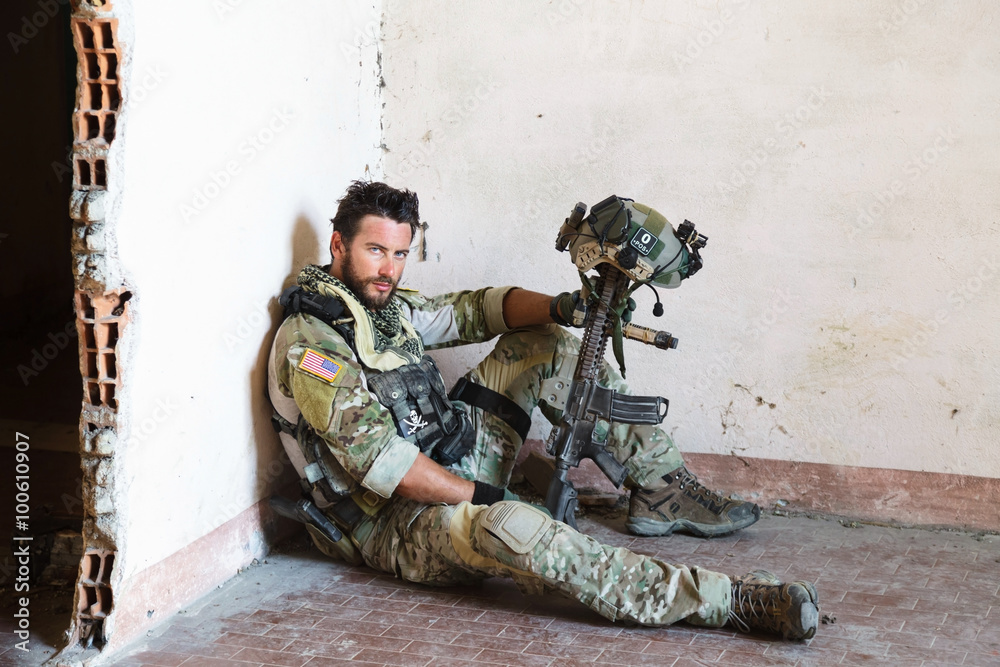 Fototapeta premium Tired American Soldier