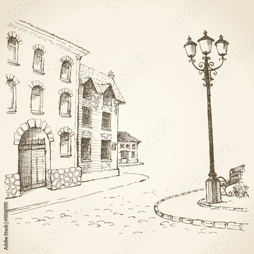 Lantern on town square. Vector drawing