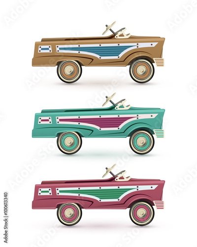Set of three vintage, toy pedal car.
