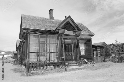 Bodie ghost town houses with snow mountain