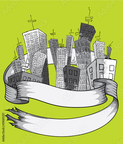 cartoon city with tall buildings and paper parchment