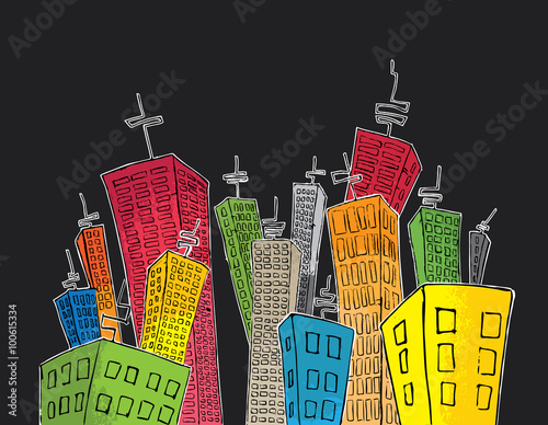 cartoon colored skyscrapers suburb 