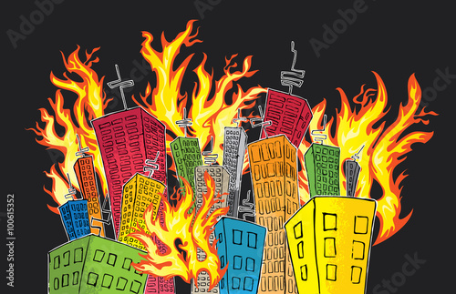 cartoon colored skyscrapers suburb catching fire