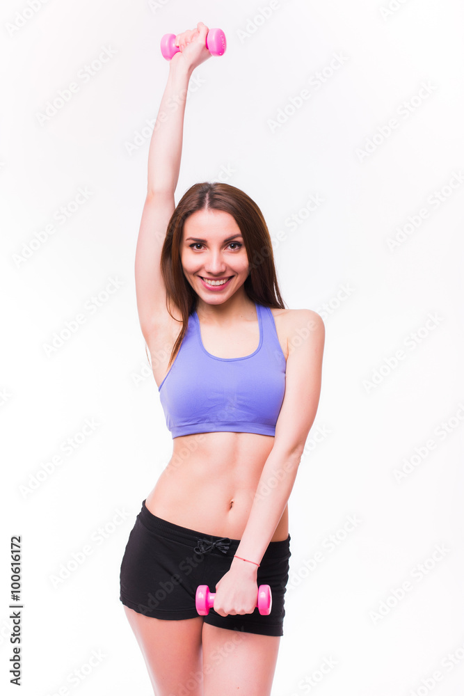 Active sportive athletic woman with dumbbells pumping up muscles biceps concept fitness sport training lifestyle Active sportive athletic woman with dumbbells pumping up muscles biceps concept fitness sport training lifestyle