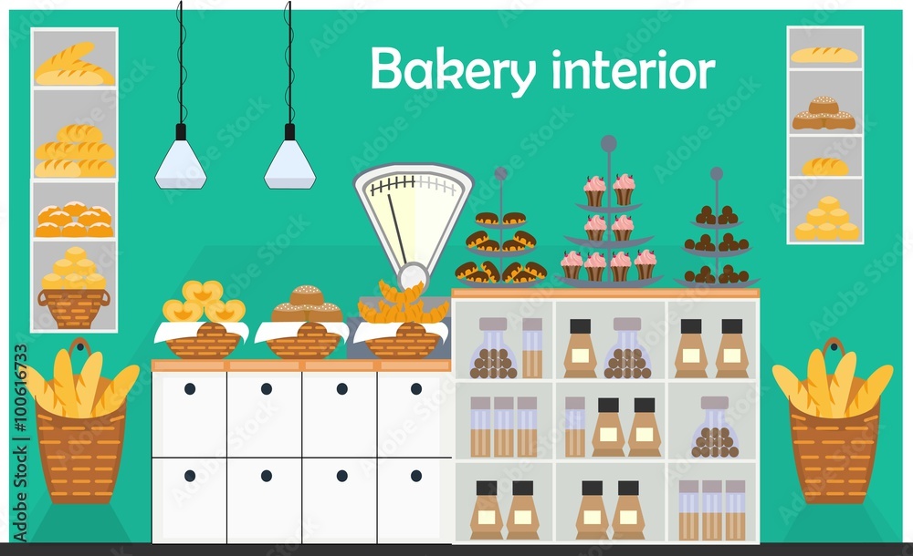 Bakery counter with scales and different types of bakery products