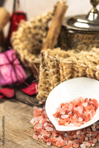spa concept with himalayan pink salt and spa tools