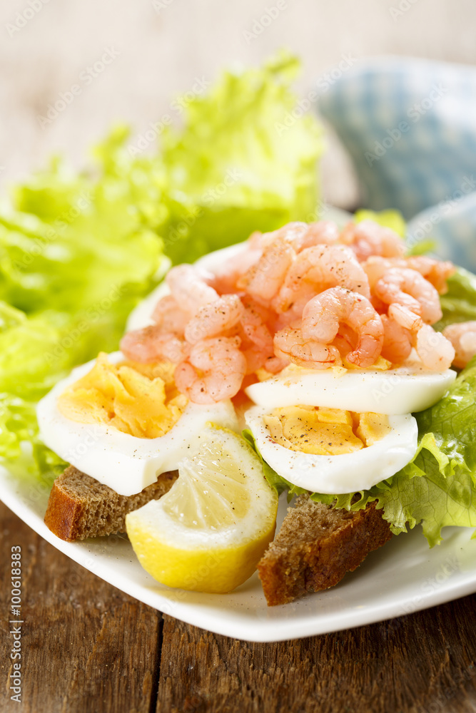 Sandwich with boiled egg and shrimps Sandwich with boiled egg and shrimps
