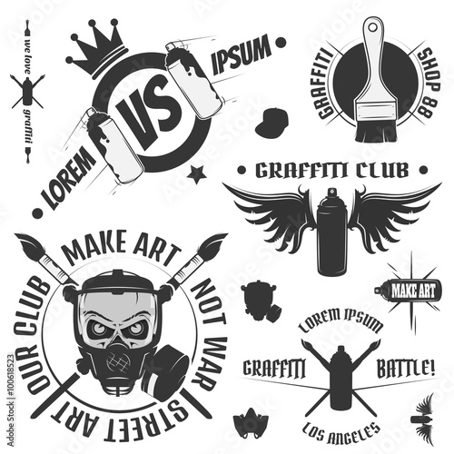 Set of vintage graffiti and street art labels and design elements. Monochrome style. 