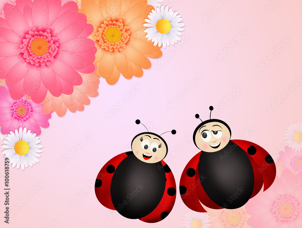 Naklejka premium ladybugs couple on flowers