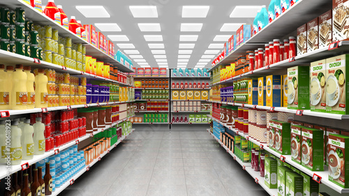 Foto Supermarket interior with shelves full of various products.