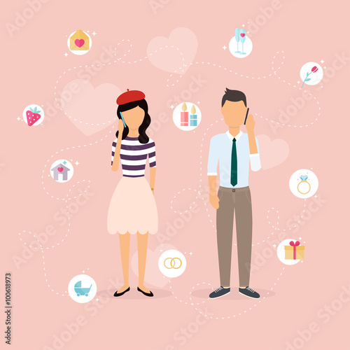 Couple talking on a cell phone. Cartoon man and woman in love. S