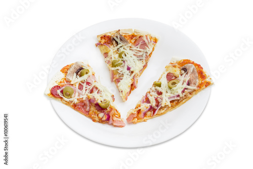 Three pieces of pizza on a white dish