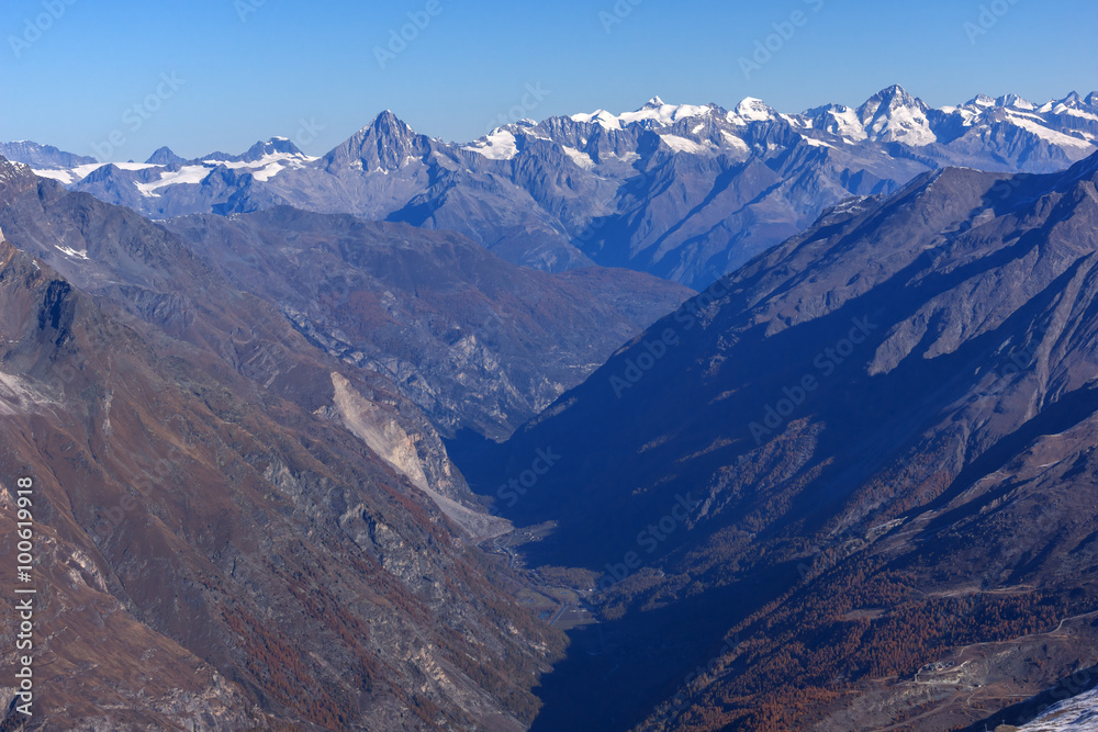 Amazing panorama of Swiss Alps and Zermatt Resort, Canton of Valais,  Switzerland 