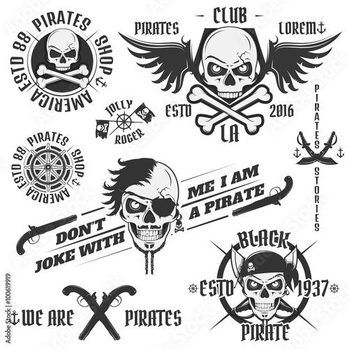 Set of vintage pirate emblems, tattoo, icon, tee shirt