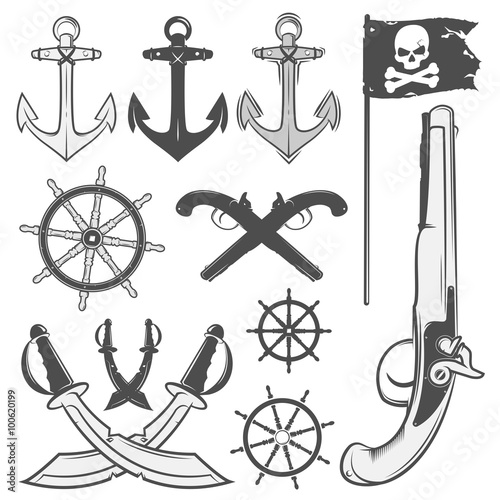 Set of vintage pirate elements, tattoo, icon, tee shirt