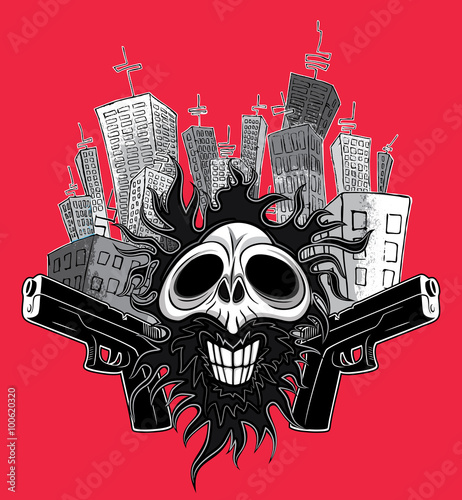 smiling skull with guns and skycrapers background