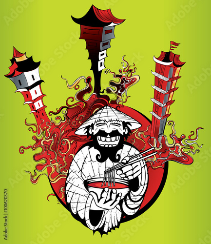 smiling chinese guy serving soup oriental japanese style city background