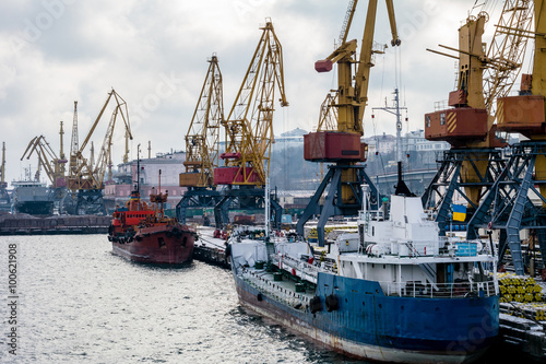   argo cranes in the port in the winter and boats