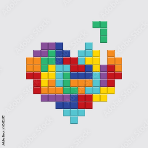 Valentines day card. Video game pixel colorful heart. Retro vintage design. Editable vector. 