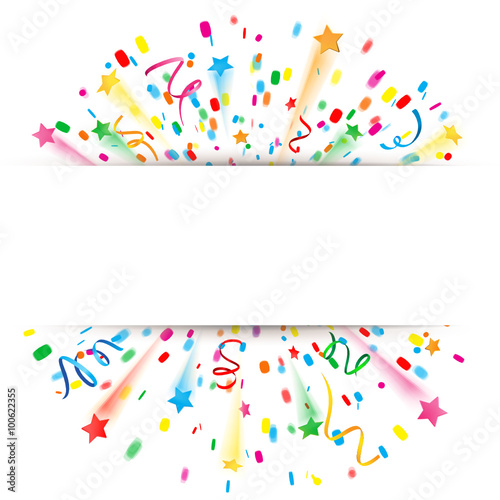 Banner mit buntem Konfetti Feuerwerk, Sternen und Luftschlangen