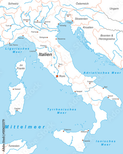Italien mit Städten in Weiß (beschriftet) - Landkarte