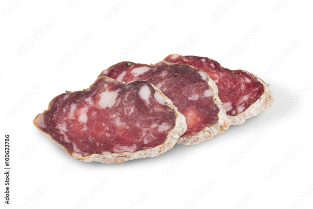 Slices of italian salami sausage on white background Slices of italian salami sausage on white background