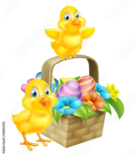 Cartoon Chicks and Easter Eggs Basket