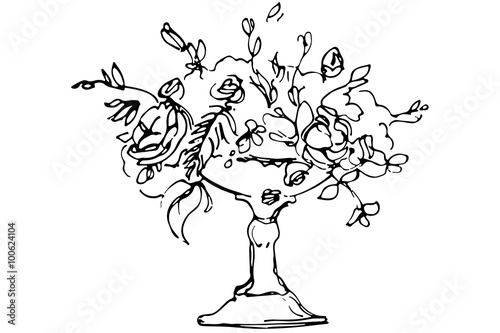 vector sketch of a bouquet of roses in a crystal vase