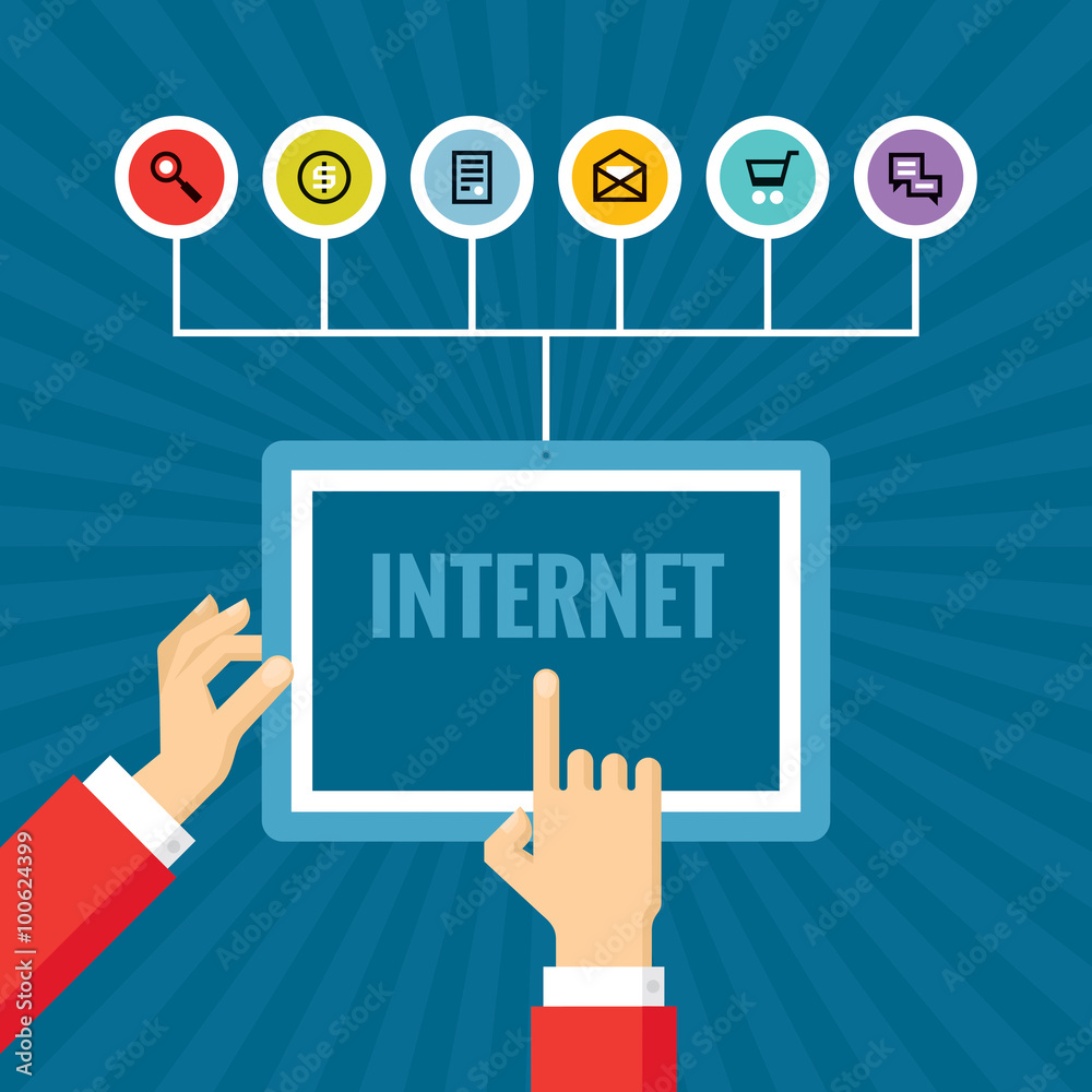 Human hands with tablet and icons - business concept. Internet - vector concept illustration in flat style design for creative projects. Human hands with tablet and icons - business concept. Internet - vector concept illustration in flat style design for creative projects.