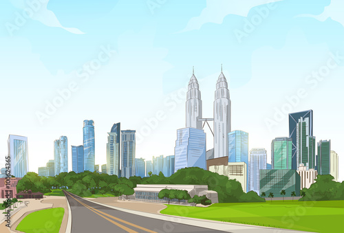 Road To Modern City View Skyscraper Cityscape Background With Copy Space 