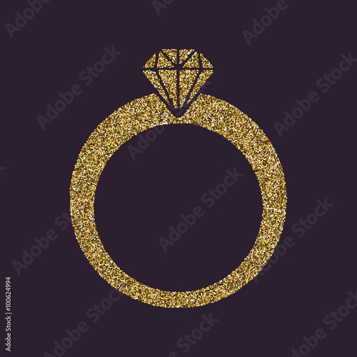 The ring icon. Diamond and jewelry, wedding symbol. Gold sparkles and glitter