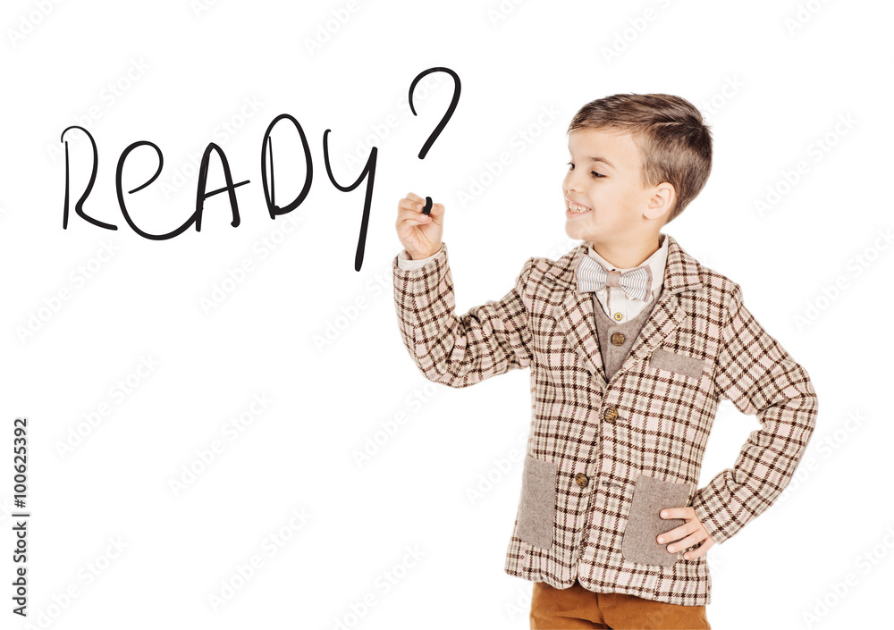 Portrait young happy boy with black marker. writing on a white background ready Portrait young happy boy with black marker. writing on a white background ready