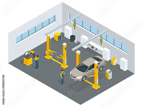Auto mechanic service. Service station. Flat icons of maintenance car repair and working. Isolated vector isometric illustration