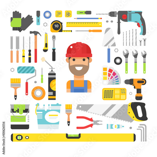 Construction equipment tools flat icons set