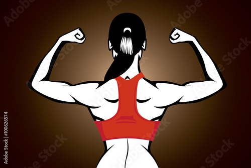 Sport woman flex his back muscles on brown background.