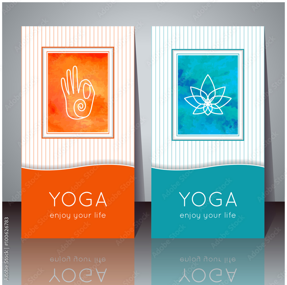 Vector yoga illustration. Yoga cards with watercolor texture and yoga symbols. Identity design for yoga studio, yoga center, class, magazine, presentation. Template of yoga poster, flyer, banner.