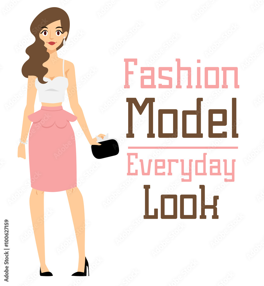 Beautiful vector cartoon fashion girl model constructor  look standing over white background