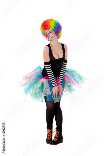 girl in clown wig isolated on white background