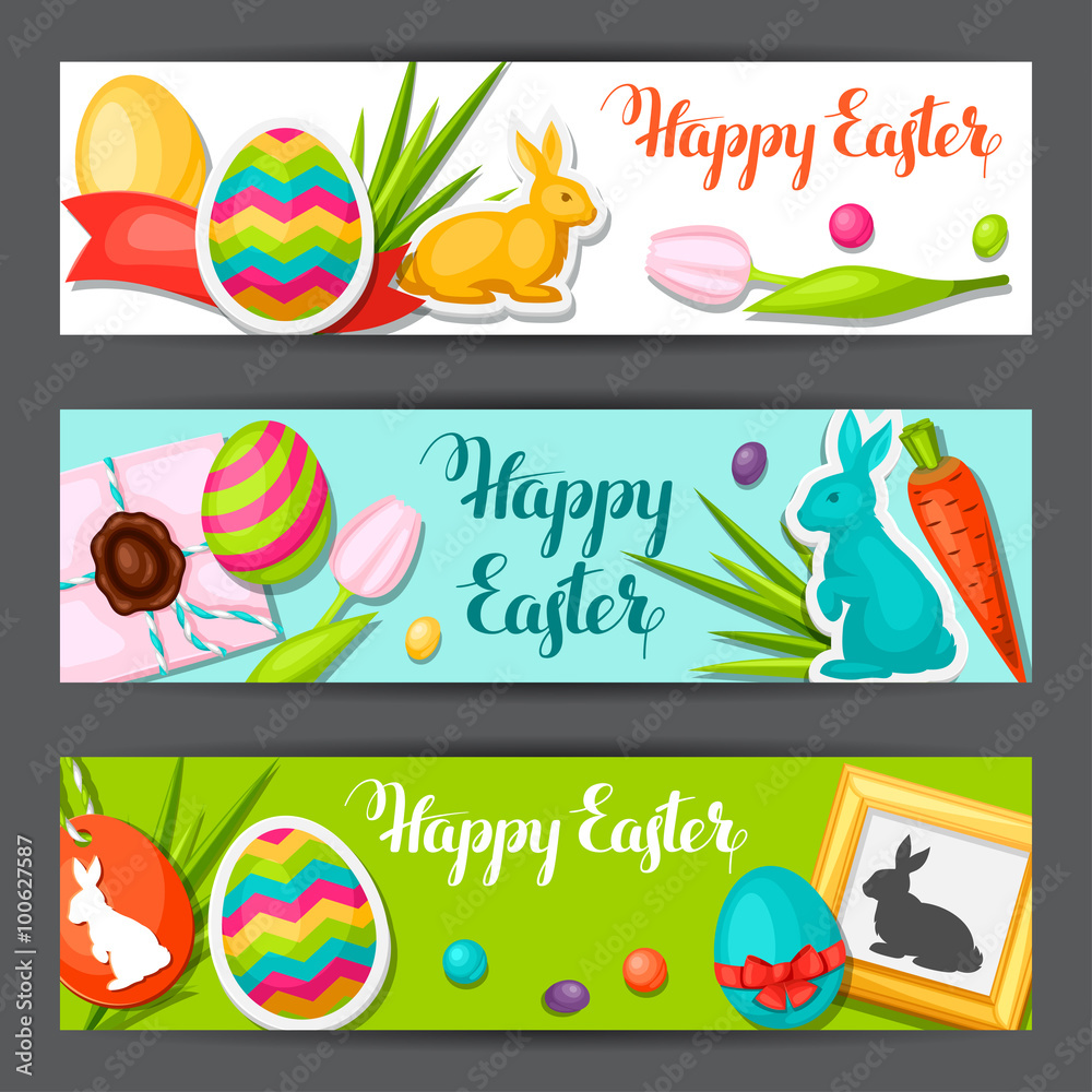 Happy Easter banners with decorative objects, eggs, bunnies stickers. Concept can be used for holiday invitations and posters