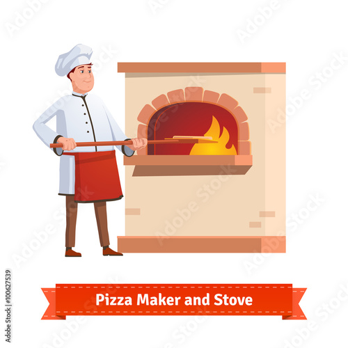 Chef cook putting pizza to a brick stone furnace