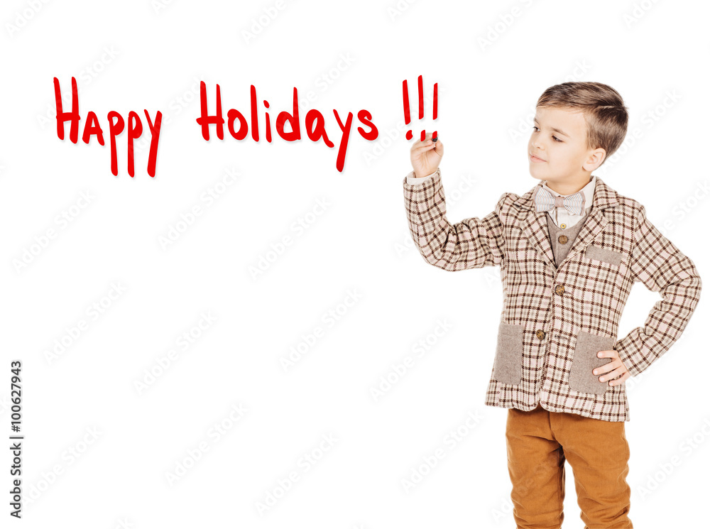 Portrait young happy boy with red marker. writing happy holidays on white background Portrait young happy boy with red marker. writing happy holidays on white background