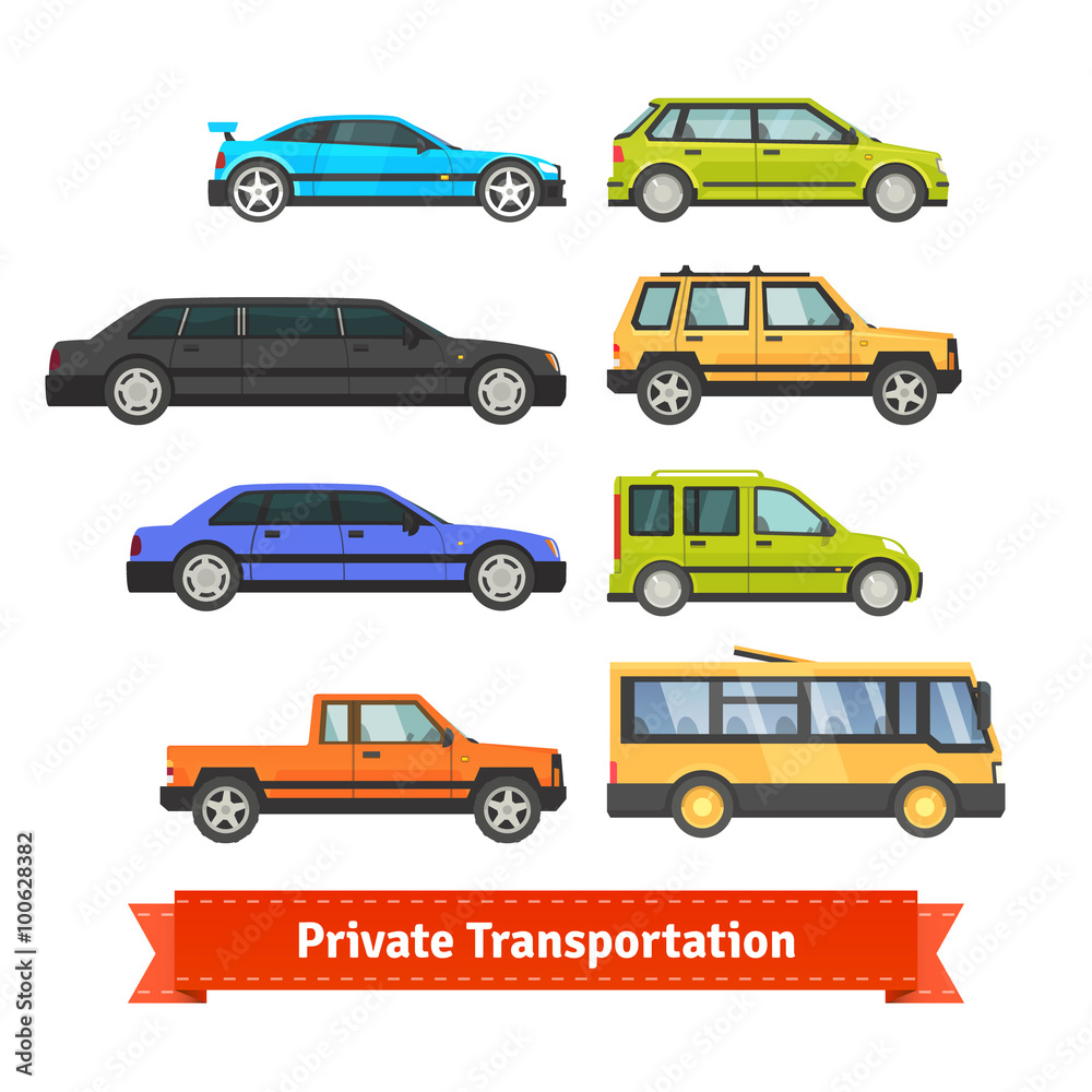 Private transportation. Various cars and vehicles