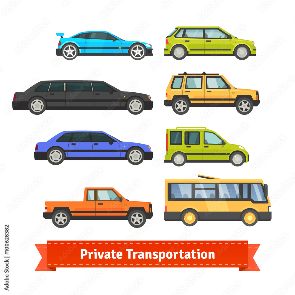 Private transportation. Various cars and vehicles Private transportation. Various cars and vehicles