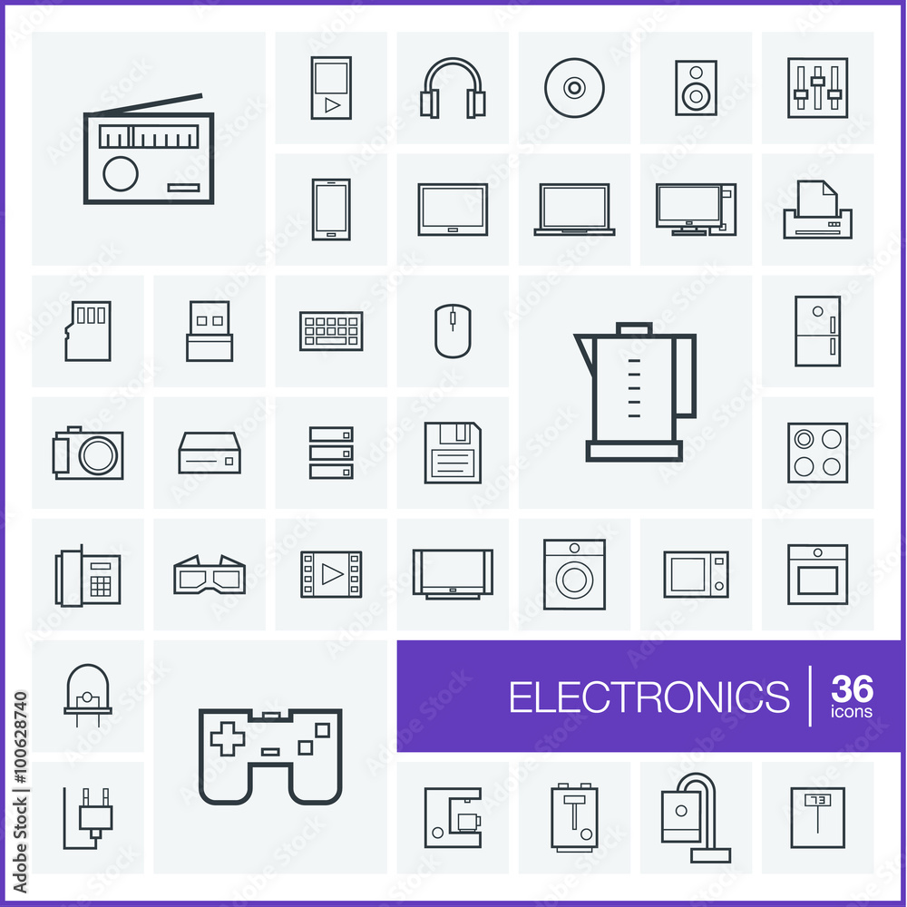 Vector thin line icons set and graphic design elements. Illustration with electronics, multimedia and technology outline symbols. Music, film, phones, joystick, video, kitchen gadgets linear pictogram Vector thin line icons set and graphic design elements. Illustration with electronics, multimedia and technology outline symbols. Music, film, phones, joystick, video, kitchen gadgets linear pictogram