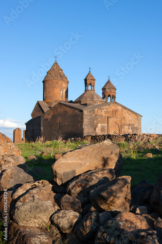 Saghmosavank church with big stones in front