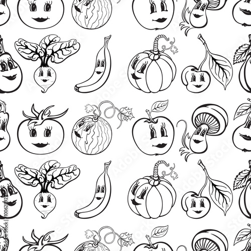 Set of cartoon funny vegetables and fruit black and white