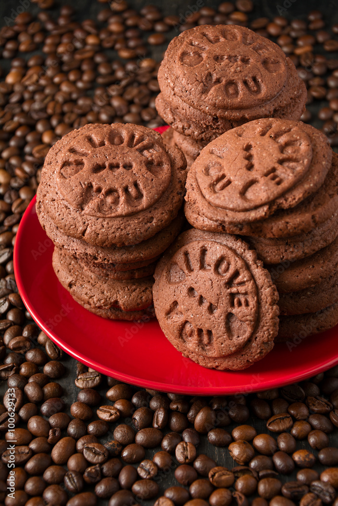 Fototapeta premium Homemade chocolate cookies on the coffee beans